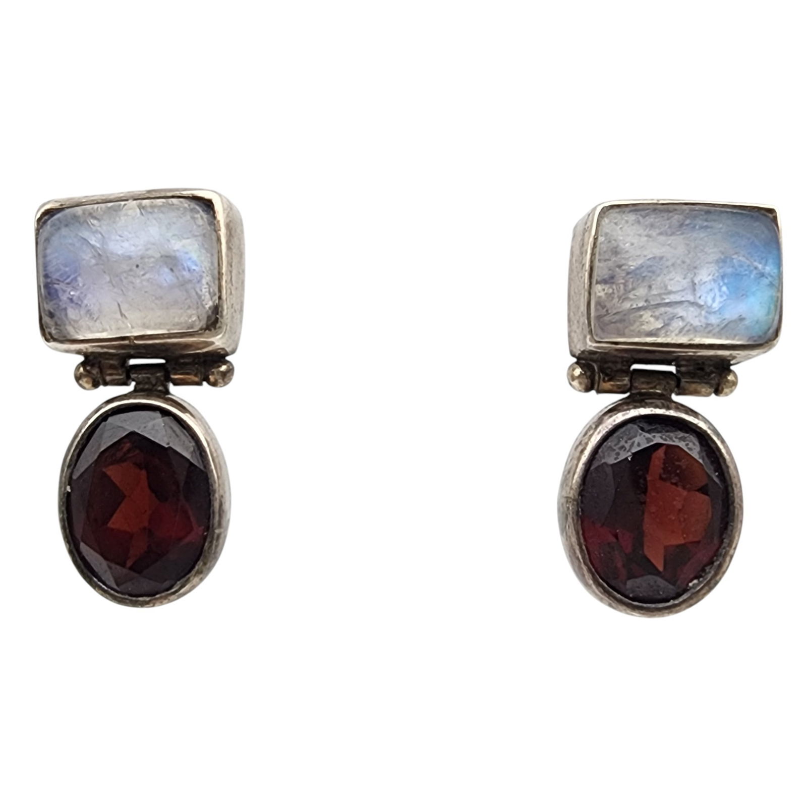Sterling Moonstone and Garnet Hinge Earrings: Sterling Moonstone and Garnet Hinge Earrings - 5.5g