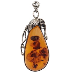 Vintage Poland Signed Sterling Baltic Amber Dangle Pendant
