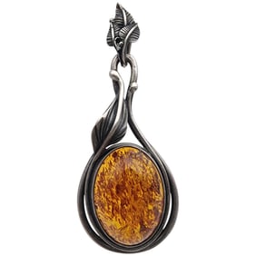 Vintage Signed Baltic Amber Leaf Pendant