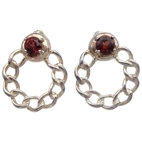 Signed Sterling Garnet Chain Hoop Earrings