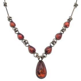 Vintage Sterling Amber Drop Necklace