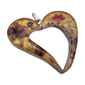 Vintage Sterling Flower Resin Heart Pendant
