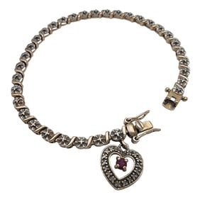 Ross Simons Sterling Ruby Heart Charm Tennis Bracelet