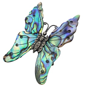 Signed Vintage Sterling Abalone Ruby Butterfly Brooch