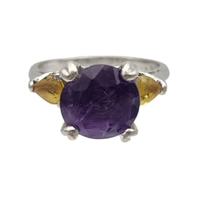 Signed Sterling Amethyst and Yellow Topaz Ring Sz 7.5