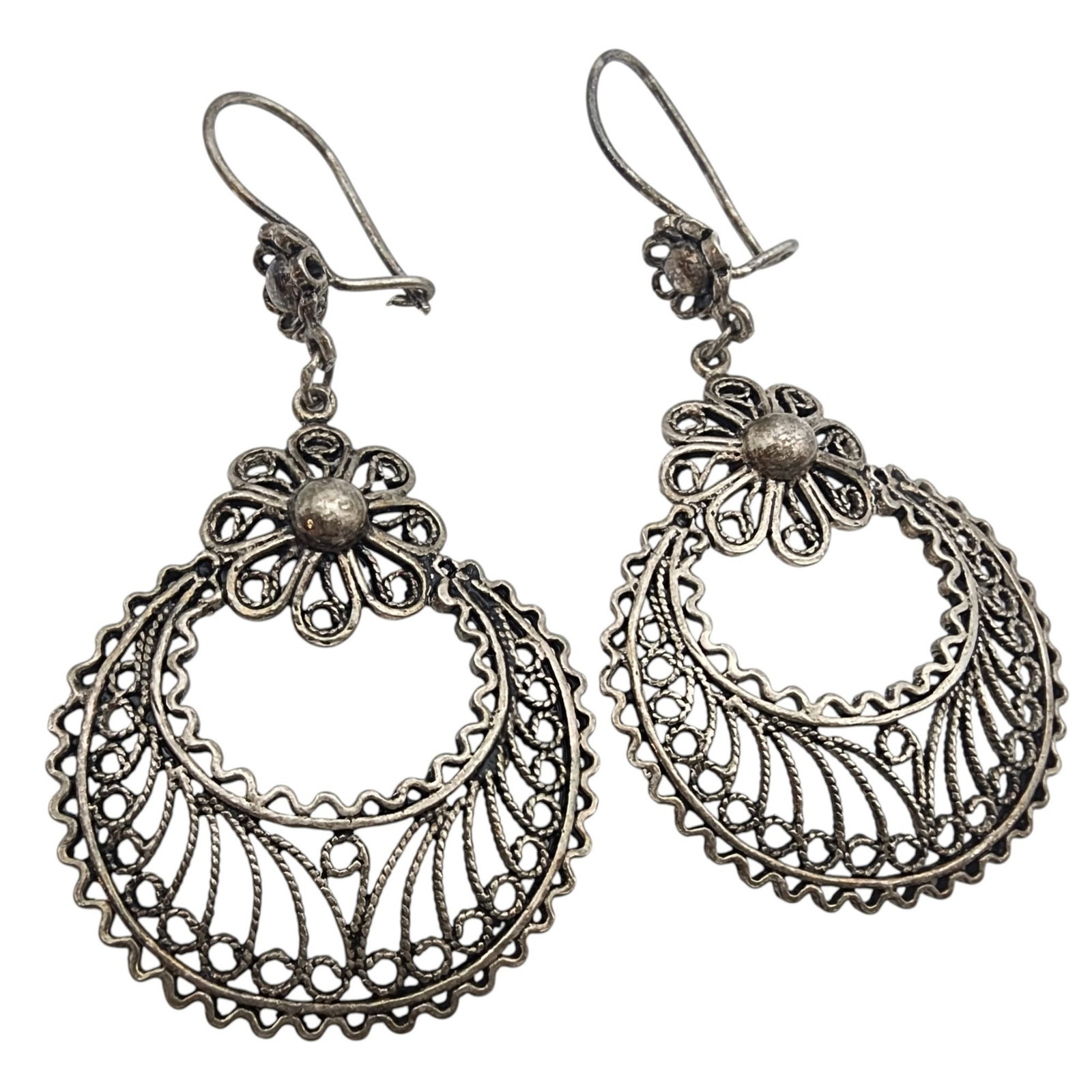 DGS Turkey Sterling Filigree Dangle Earrings: DGS Turkey Sterling Filigree Dangle Earrings - 10.1g