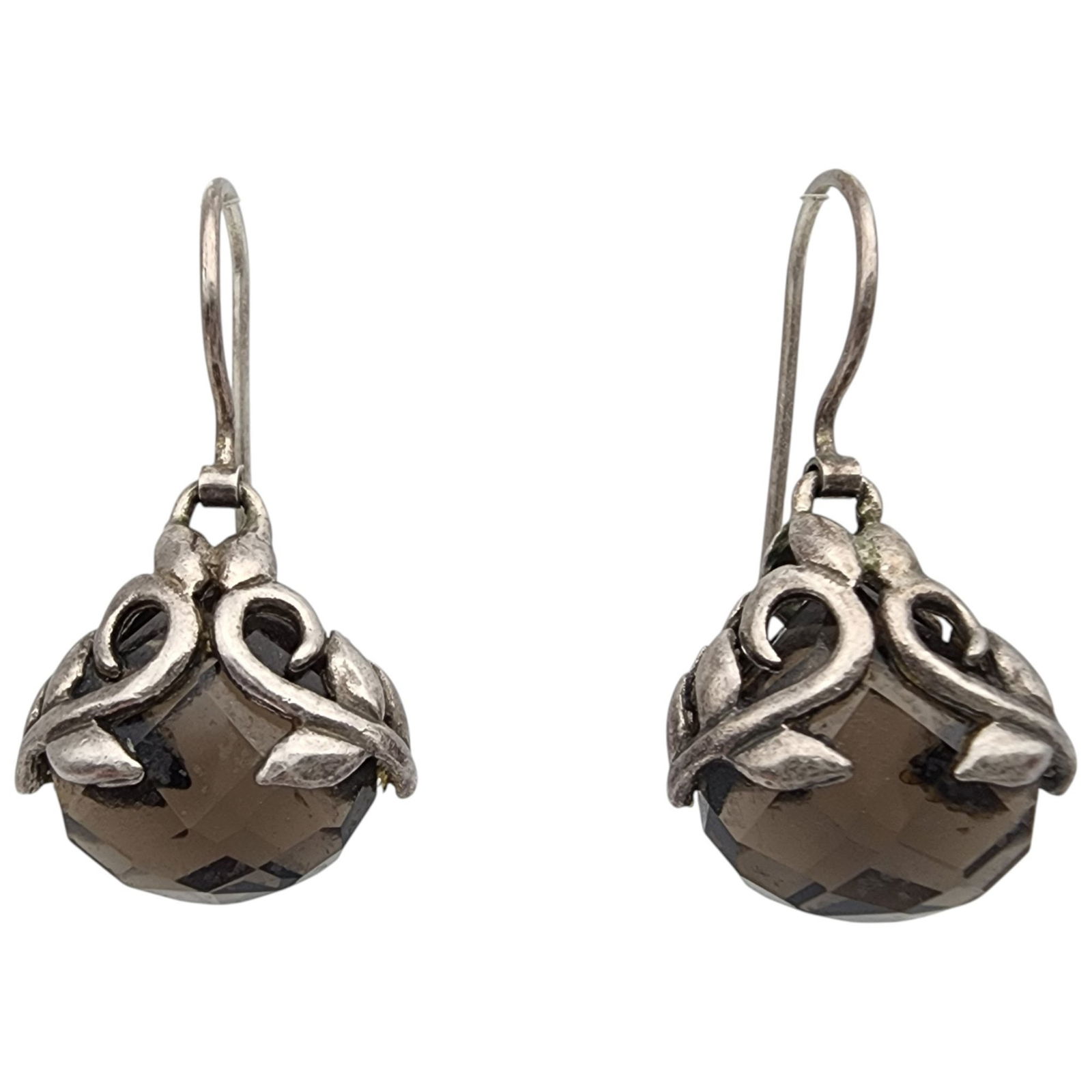 Sterling Smoky Quartz Faceted Vine Earrings: Sterling Smoky Quartz Faceted Vine Earrings - 5.9g
