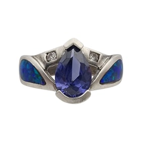 Sterling Iolite and Opal Ring Sz 6