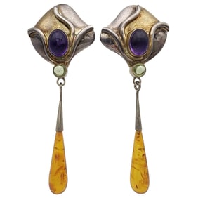 Signed Artisan Sterling Amethyst and Amber Dangle Earrings