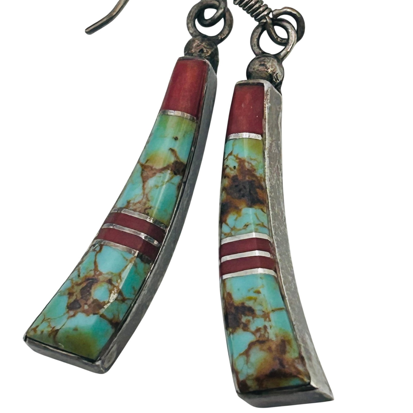 Navajo Signed E Inlaid Turquoise Coral Earrings 5.2 G: Navajo signed E inlaid turquoise coral earrings 5.2 g