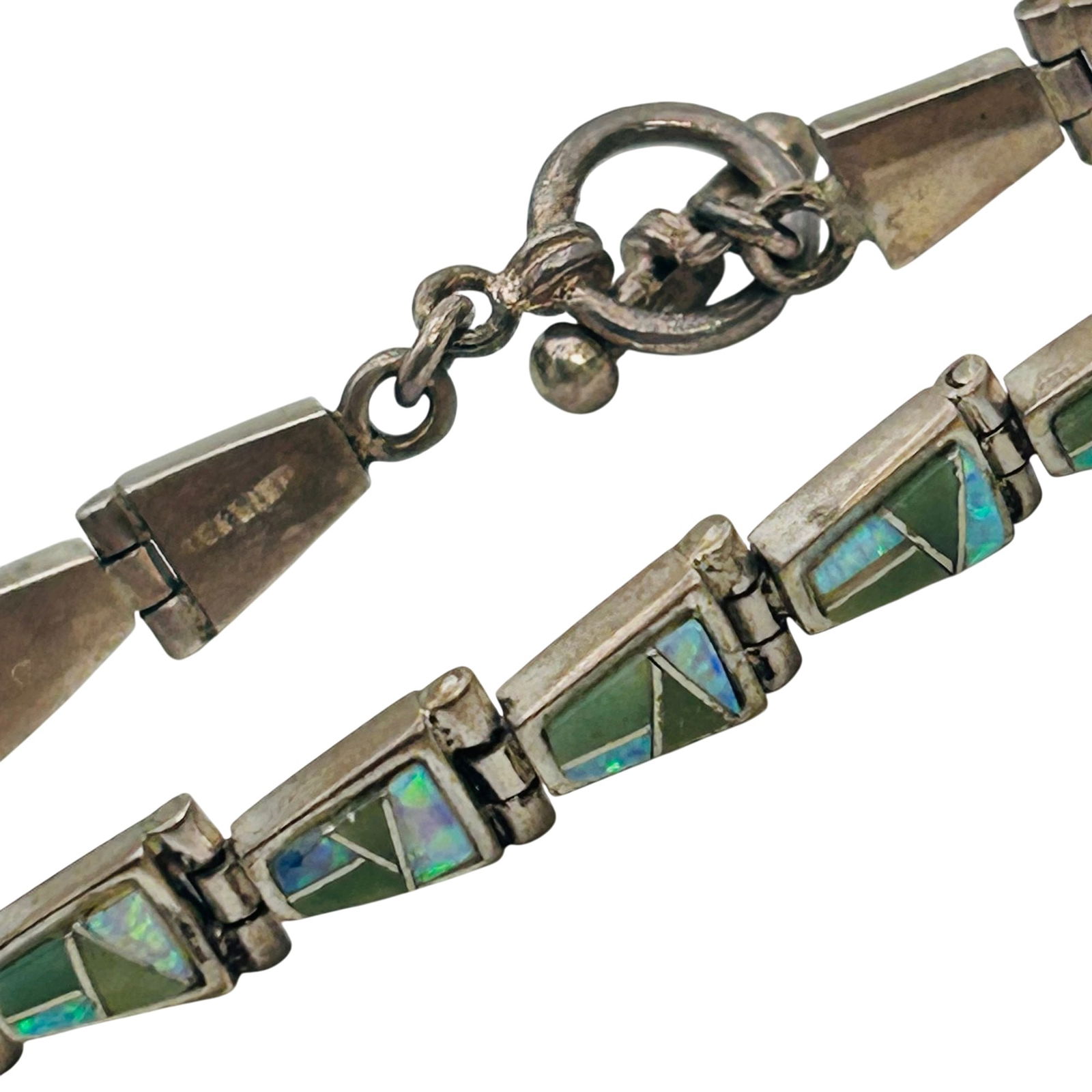 Southwest Turquoise Opal Sterling Linked Bracelet Toggle Clasp 14.06 G (1 of 8)