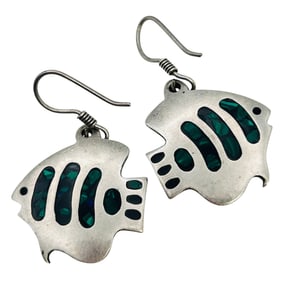 TAXCO TC-255 Mexico Sterling Fish Earrings Inlay Stone 9.1 G