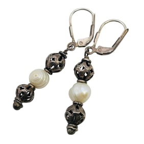 Pearl Sterling Dangle Earrings 3.94g