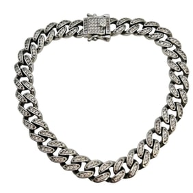 TG Rhinestone Accented Sterling Cuban Linked Chain Bracelet 27.2 G
