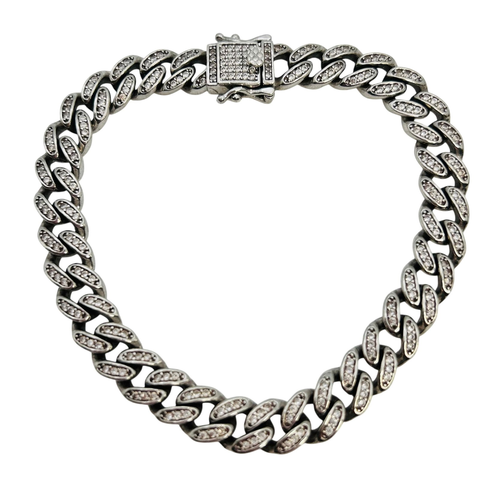 TG Rhinestone Accented Sterling Cuban Linked Chain Bracelet 27.2 G (1 of 10)