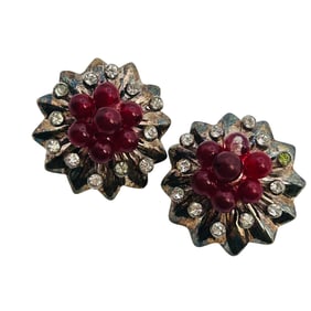 Vintage Sterling Red Bead And Clear Stone Clip On Earrings 11.4 G