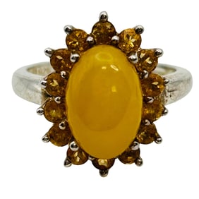 Yellow Jade Citrine Sterling Statement Ring Size 7, 4.04 G