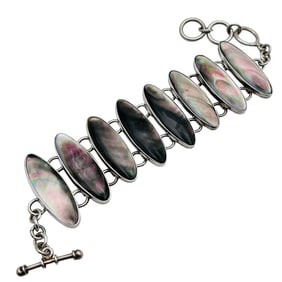 Charles Albert Fine Sterling Silver Abalone Oval Linked Bracelet Adjustable Toggle Clasp 66.43 G