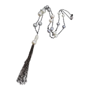 LUC Pearl And Sterling Cable Chain Tassel Necklace 31.4 G