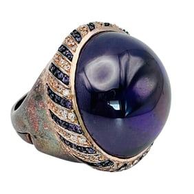 Purple Rhinestone, Large Sterling Statement Ring Adjustable Size 7, 43 G