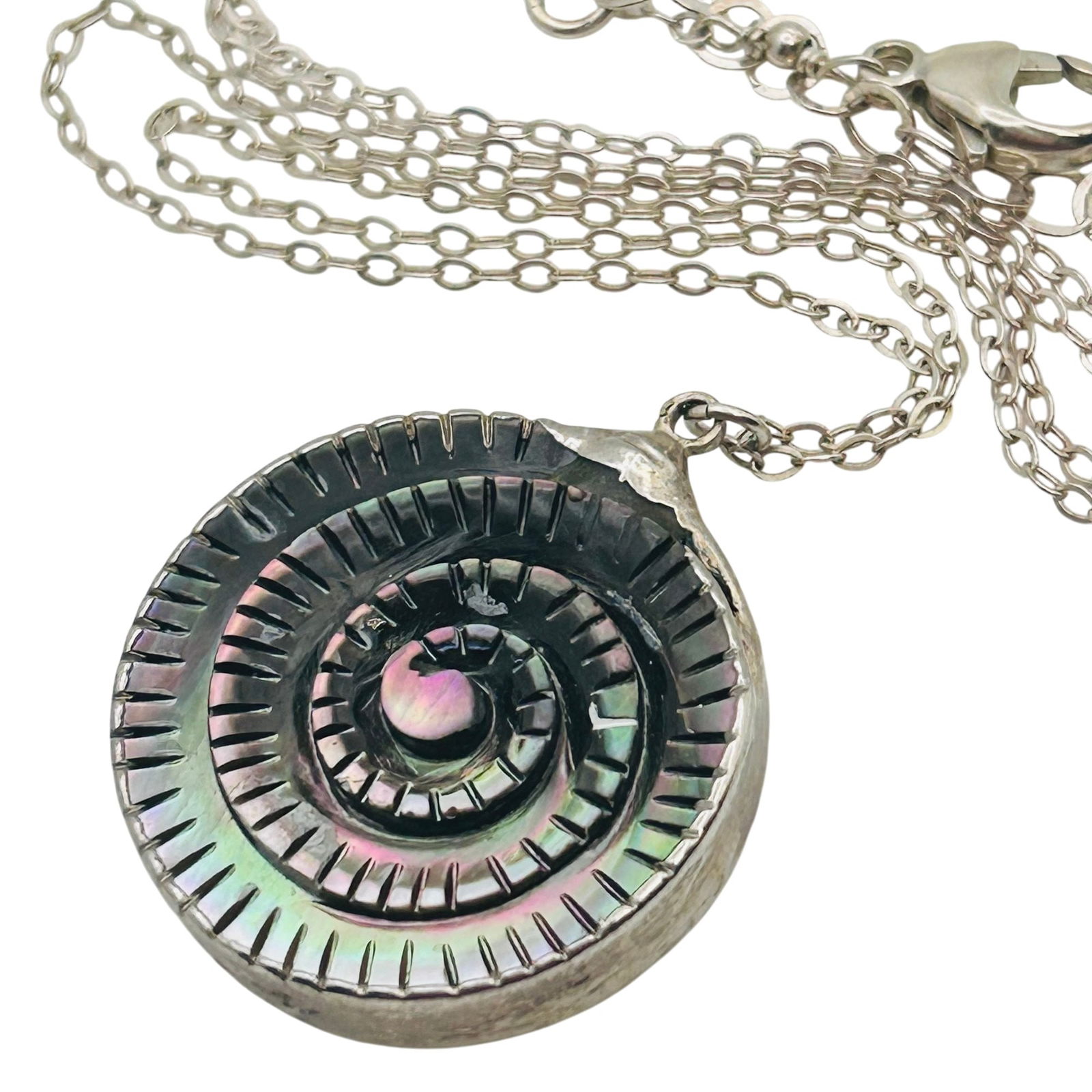 Carved Abalone Shell Sterling Pendant Sterling Adjustable Cable Chain Necklace 8.07 G (1 of 6)