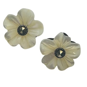 Carved Shell Sterling Flour Push Back Earrings 3.78 G