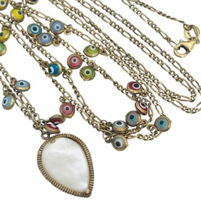 Mother Pearl Pendant, Sterling Figaro Chain Evil Eye Charm Necklace 11.15 G
