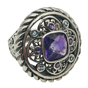 Amethyst Sterling Filigree Statement Ring Size 7, 14.15 G