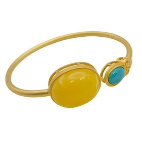 Yellow Amber And Turquoise Sterling Open Band Bracelet 9.05 G