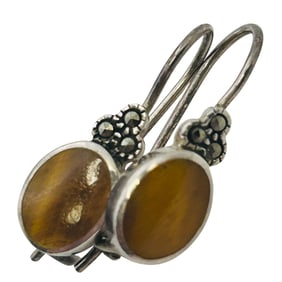 Tigers Eye Marcasite Sterling Hook Back Earrings 1.69 G