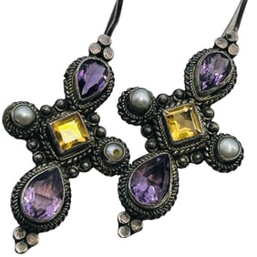 Amethyst Citrine Pearl Sterling Cross Earrings 4.6 G