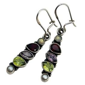 Garnet, Amethyst Peridot Pearl Sterling Hook Earrings 4.6 G
