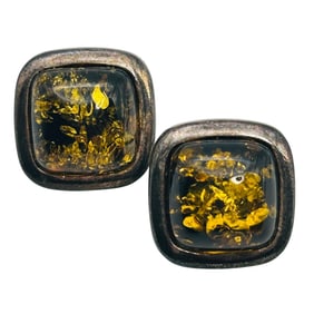Poland ATI Amber Sterling Square Stud Earrings 5.9G