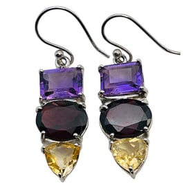 Citrine, Amethyst Garnet Sterling Hook Back Earrings 5.9 G