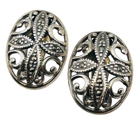 MARCASITE Sterling Oval Cross Clip On Earrings 7.2 G