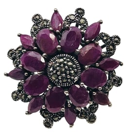 Ruby And Marcasite Sterling Flower Statement Reading Size 6, 12.7 G