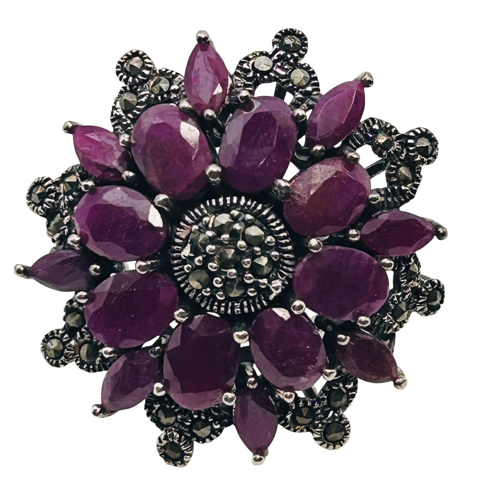 Ruby And Marcasite Sterling Flower Statement Reading Size 6, 12.7 G (1 of 9)