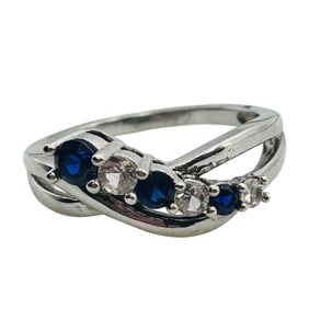 Blue Sapphire, Clear Topaz Five Stone Sterling Ring Size 7, 2.9 G