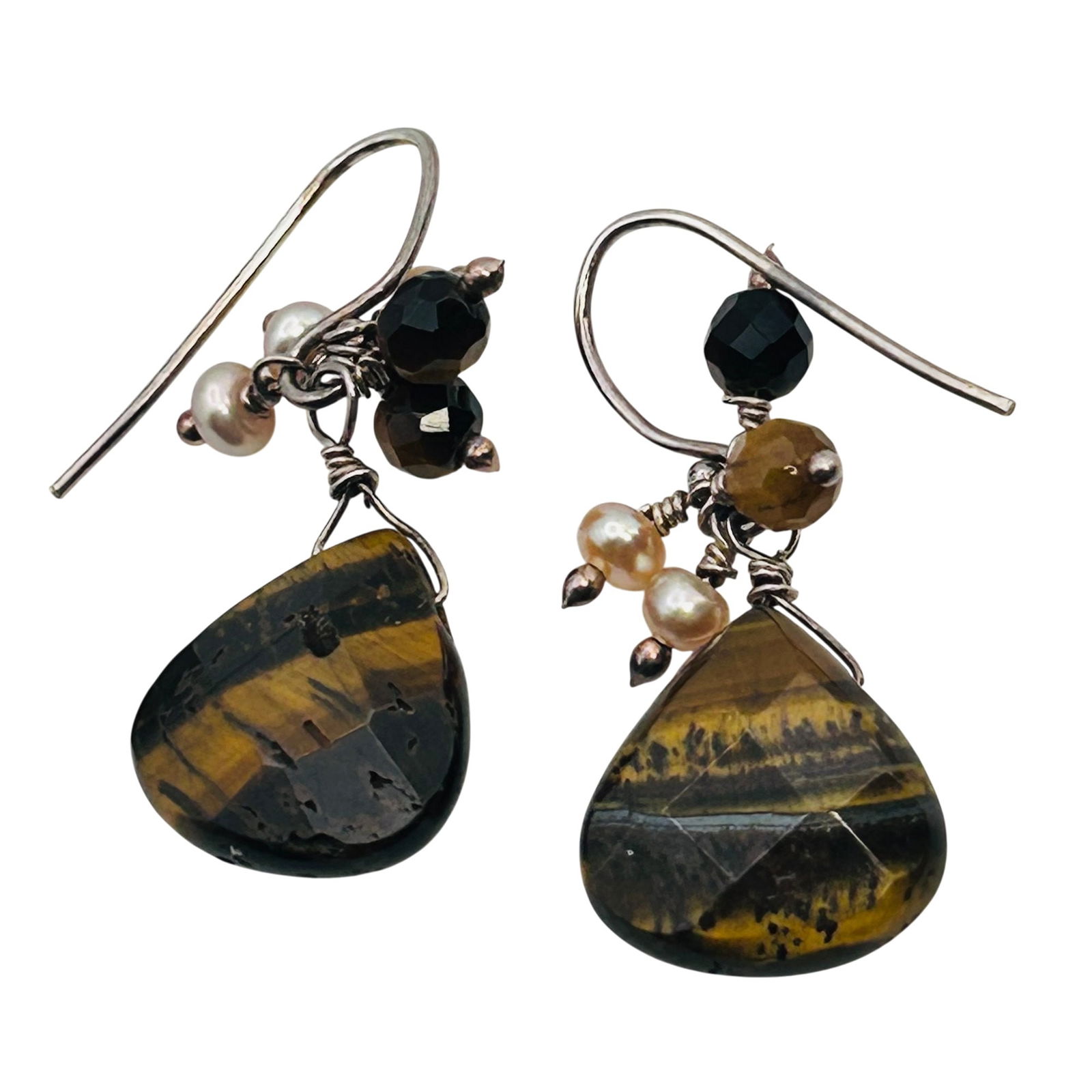 Tigers Eye Pearl Sterling Dangle Earrings 4.38 G (1 of 4)