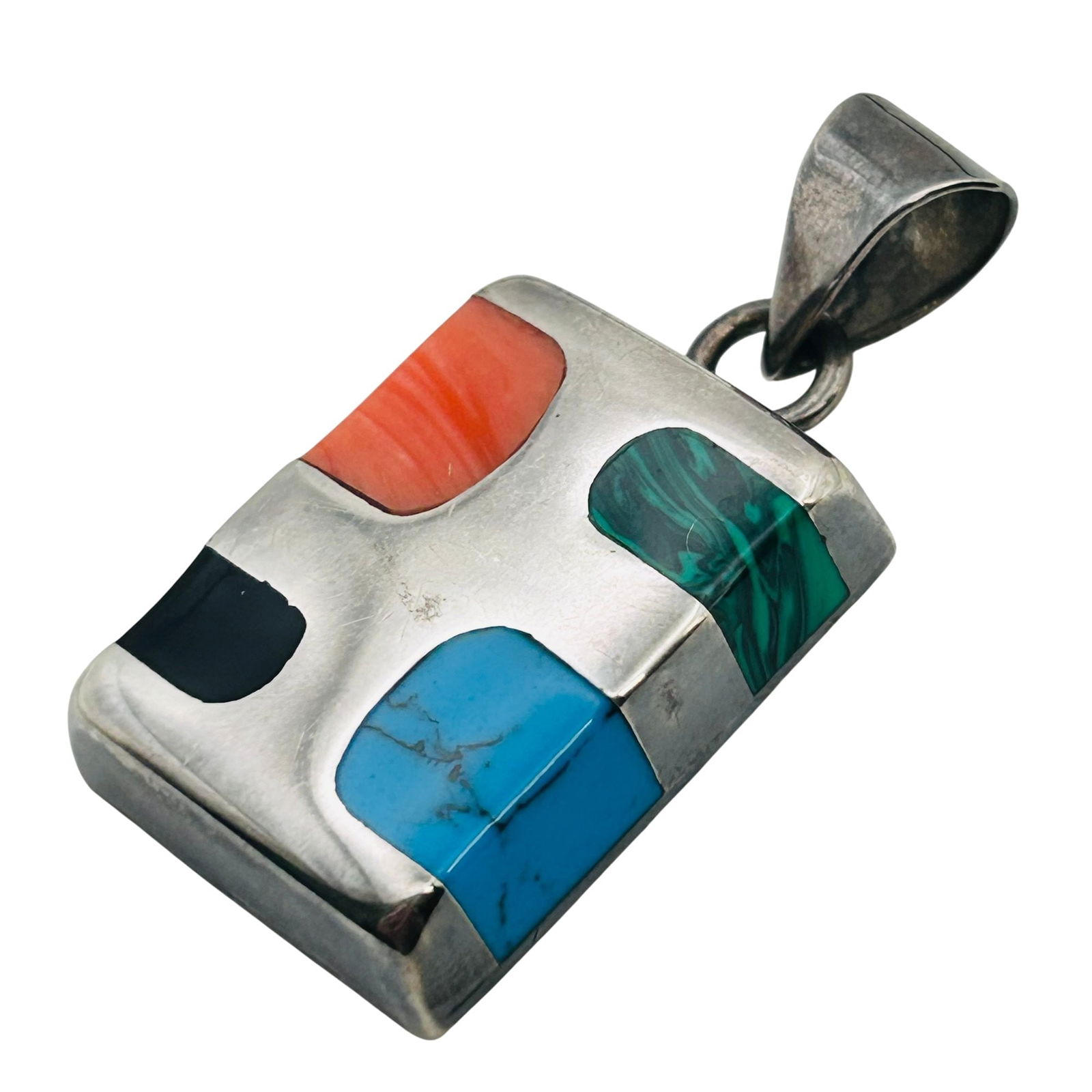 Mexico, Sterling Turquoise Coral Malachite Sterling Pendant 10.81 G: Mexico Sterling turquoise coral malachite sterling pendant 10.81 g