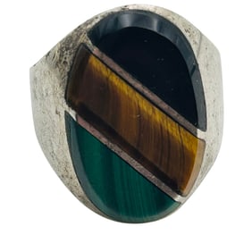 Taxco TE-14 Mexico Malachite, Tigers Eye, Onyx Statement Ring Size 13.5, 16.34g