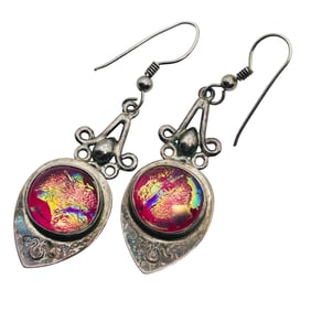 Signed L. ROMEUS. Dichroic Glass Sterling Dangle Earrings 7.12 G.