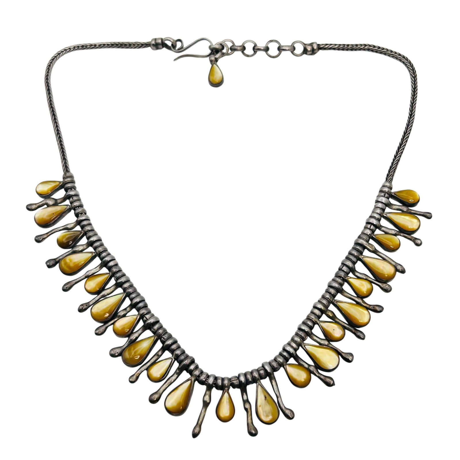 Southwest Mother Pearl, Teardrop Sterling Bead And Chain Cleopatra Necklace 39 G: Southwest mother Pearl teardrop sterling bead and chain Cleopatra necklace 39 g