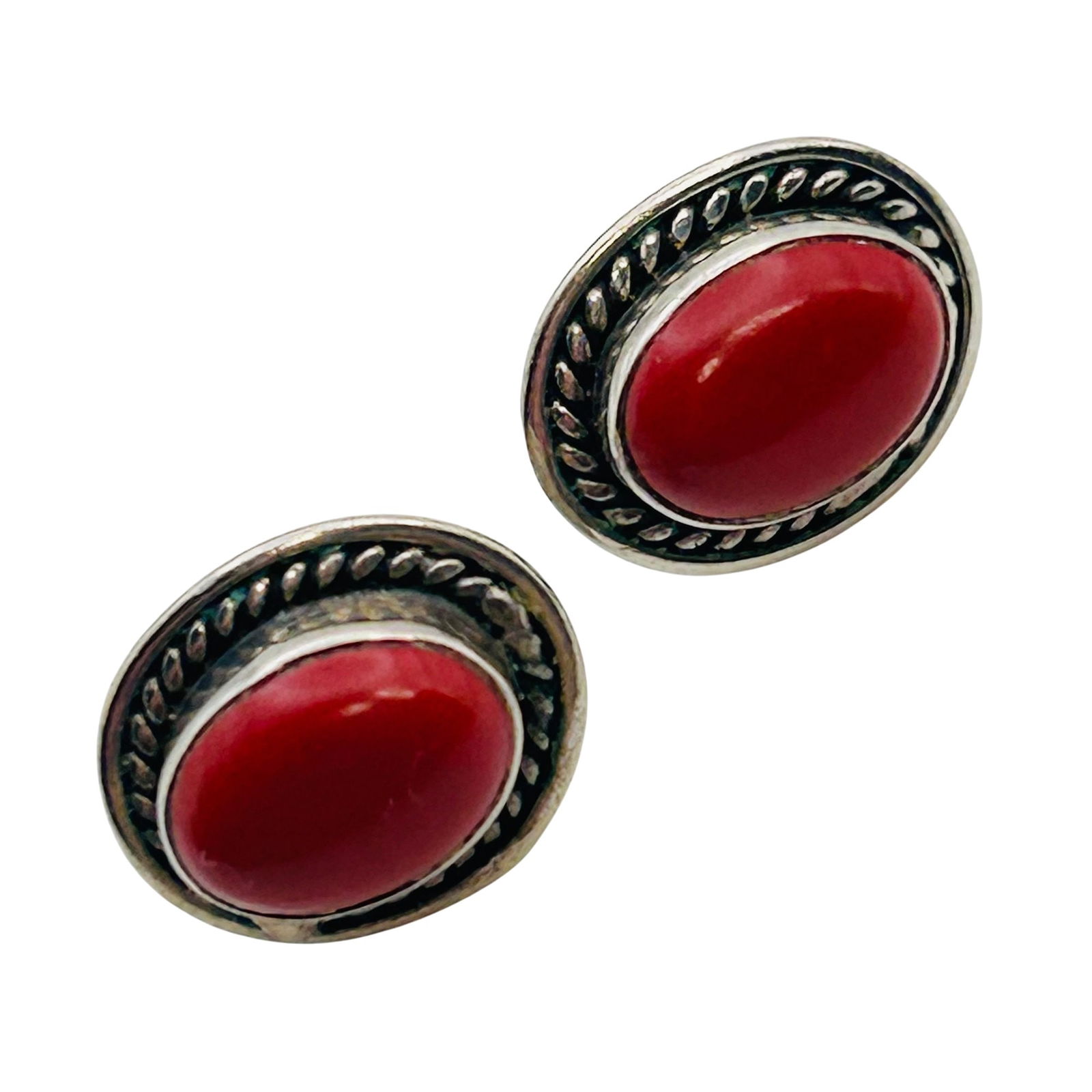 Southwest Sterling Coral Oval Stud Earrings 1.24 G (1 of 5)