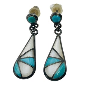 KEK Navajo, Turquoise Mother Of Pearl Sterling Teardrop Oval Dangle Earrings, 3.98 G
