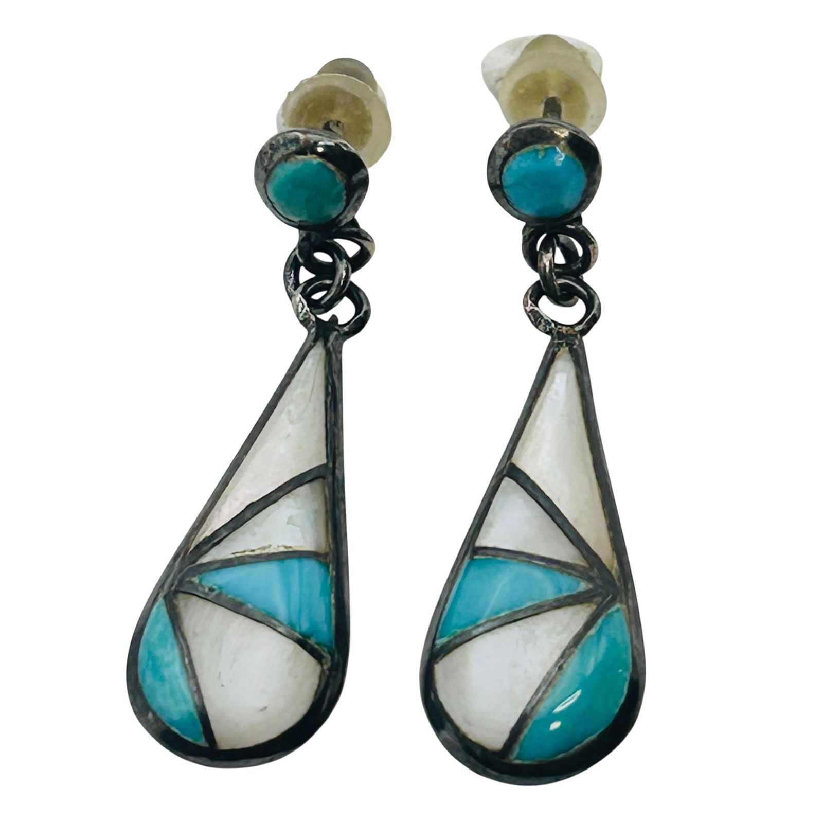 KEK Navajo, Turquoise Mother Of Pearl Sterling Teardrop Oval Dangle Earrings, 3.98 G (1 of 7)