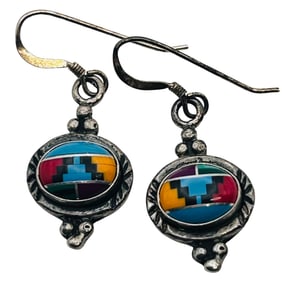 Navajo Sterling Inlay Stone Dangle Earrings 4 G