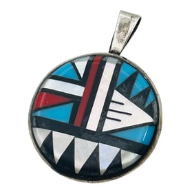 Zuni Inlay Stones Sterling Round Pendant 4.8 G