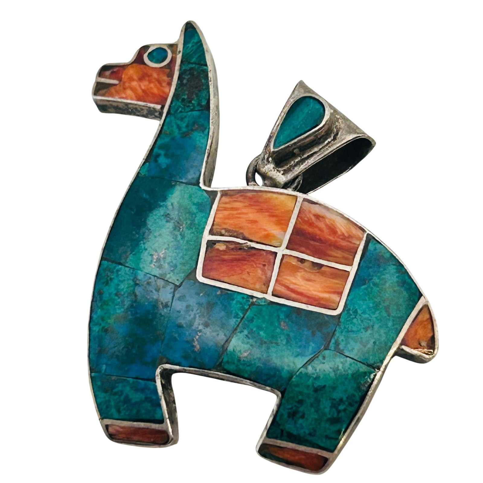 Vintage 950 Silver Southwest Llama Sterling Inlay Stone, Coral And Turquoise Pendant 5.4 G: Vintage 950 silver Southwest llama Sterling inlay Stone coral and turquoise pendant 5.4 g