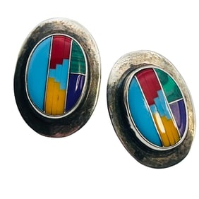 Zuni Signed SE Sterling Oval Earrings, Turquoise Coral Inlay Stone 4.12 G
